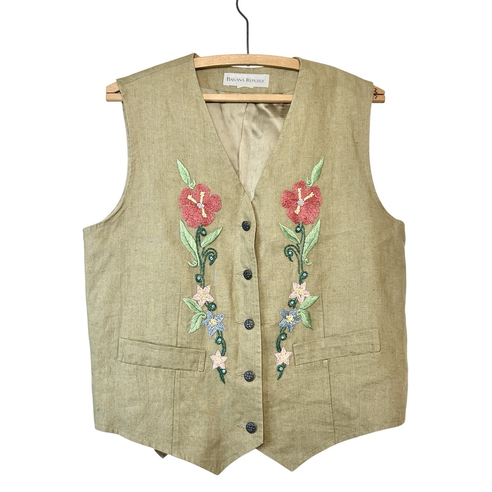 VTG Banana Republic Linen Floral Embroidered Vest‎ Beaded Sz Medium